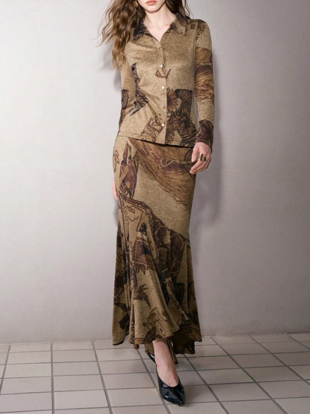 Tan Abstract Zoo Print Collared Shirt and Mermaid Maxi Skirt Set